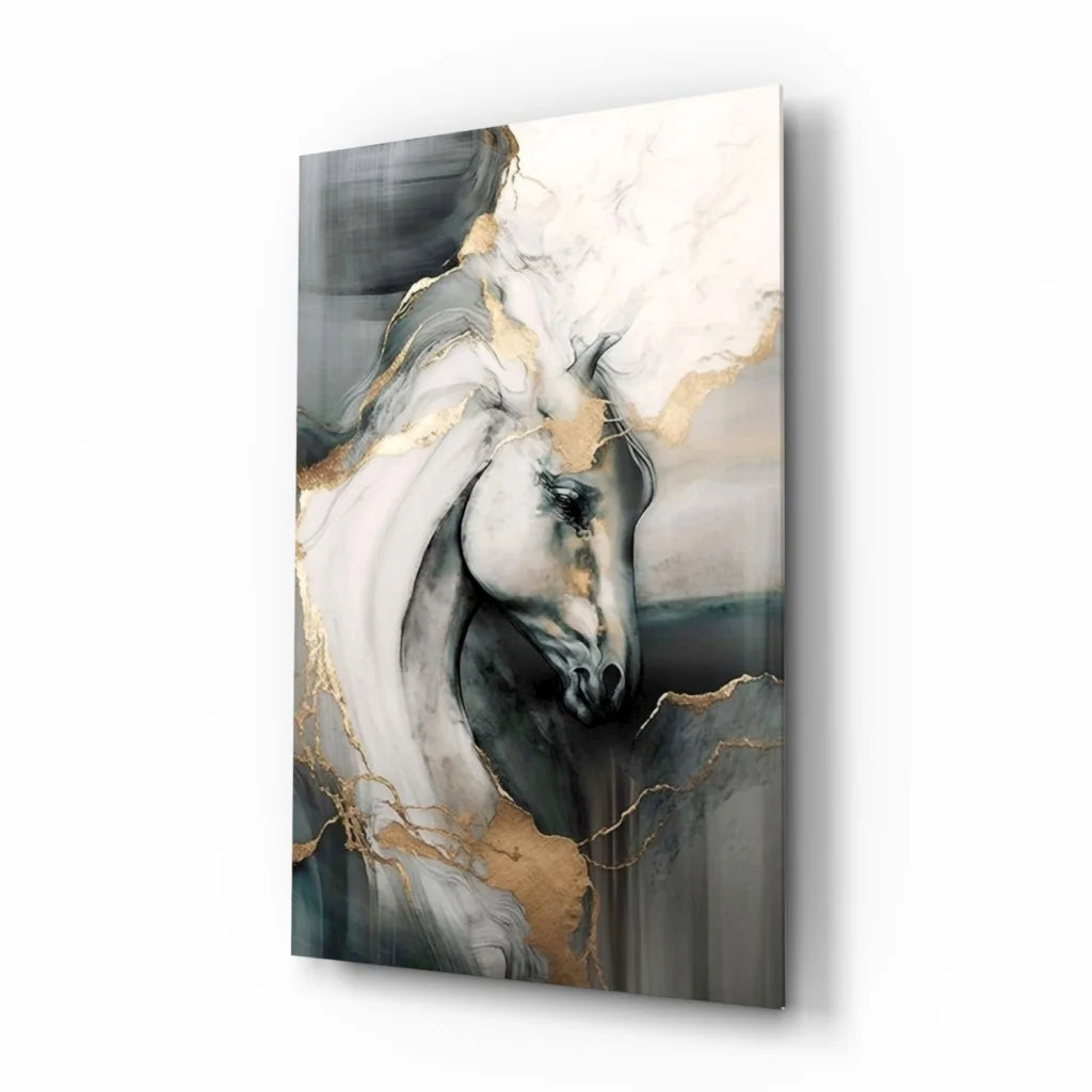 Stunning white horse canvas wall art with gold accents