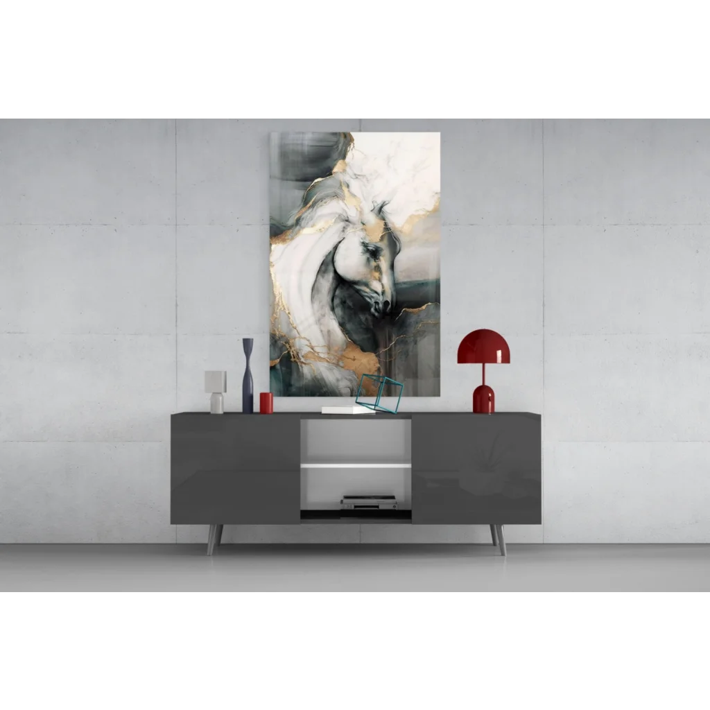 Modern gray sideboard under stunning white horse wall art