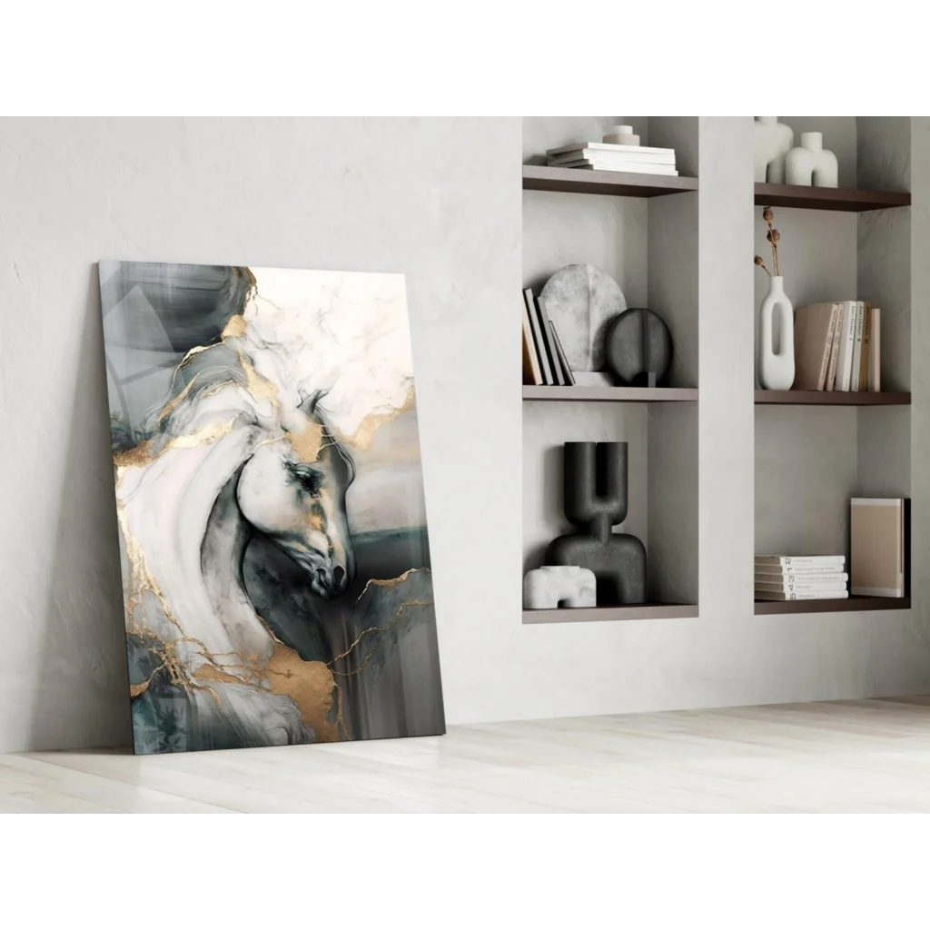 Stunning white horse canvas wall art with gold abstract details