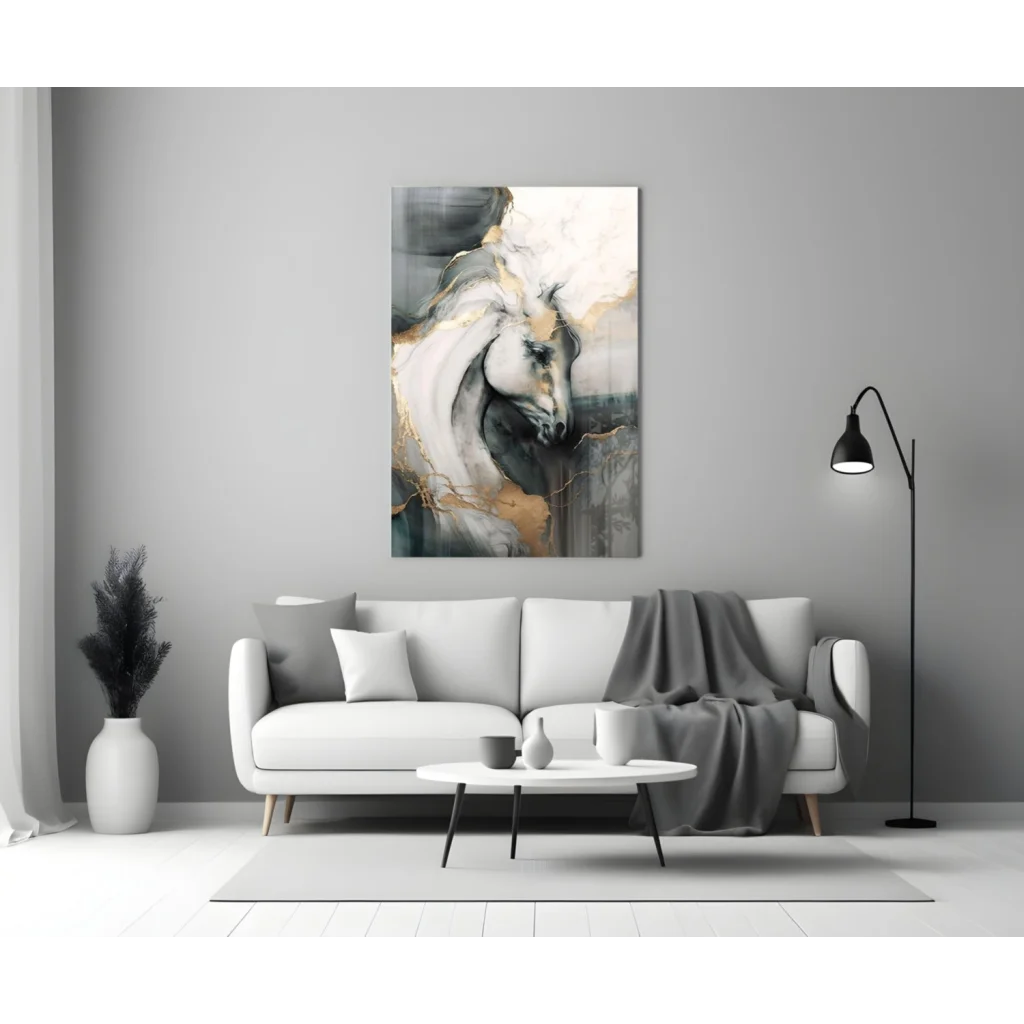 Modern abstract white horse canvas wall art in gray tones