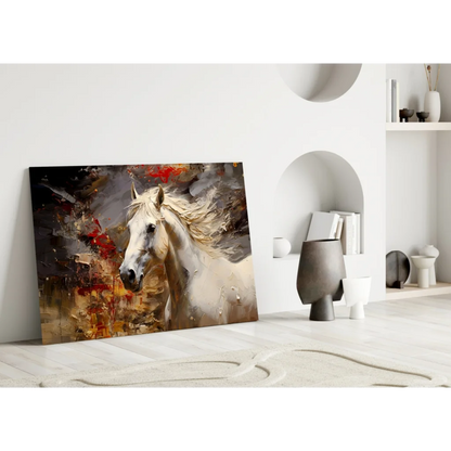 Stunning white horse canvas wall art with vibrant color splashes