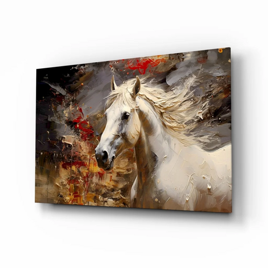 Stunning white horse canvas wall art with vibrant color splashes
