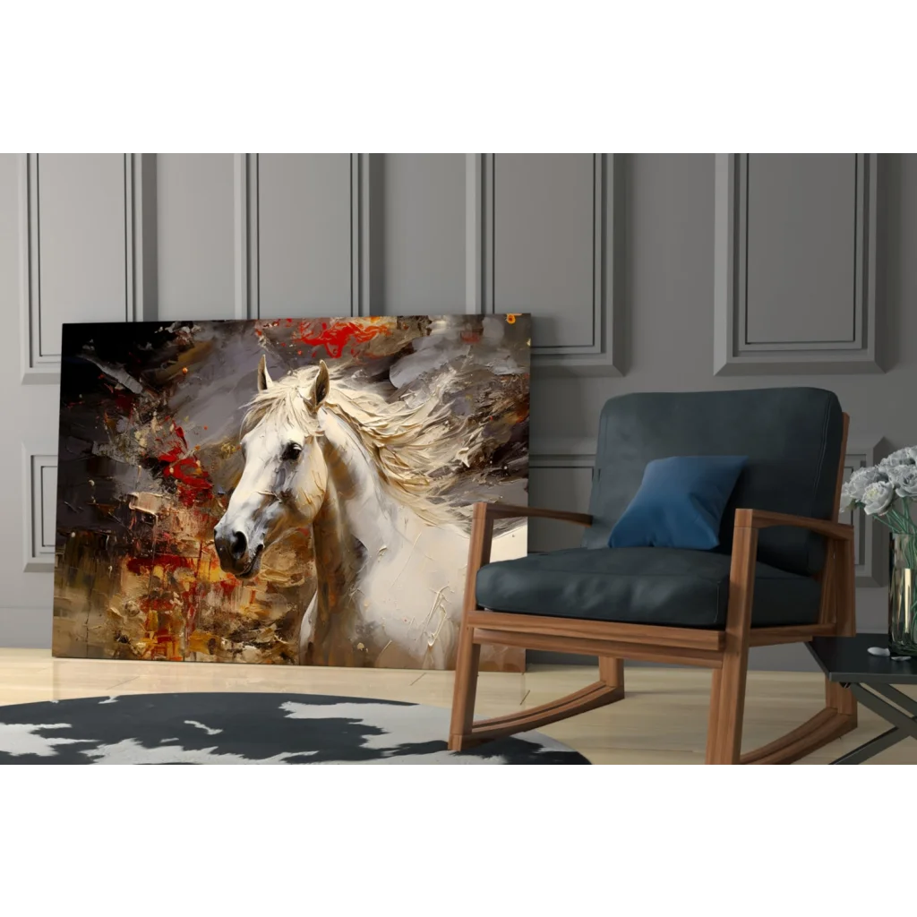 Stunning white horse canvas wall art with vibrant color splashes