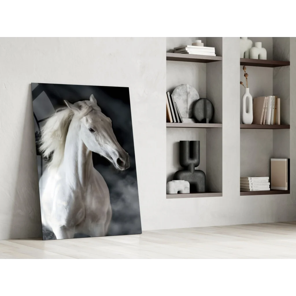 Stunning white horse glass wall art portrait on black-and-white canvas