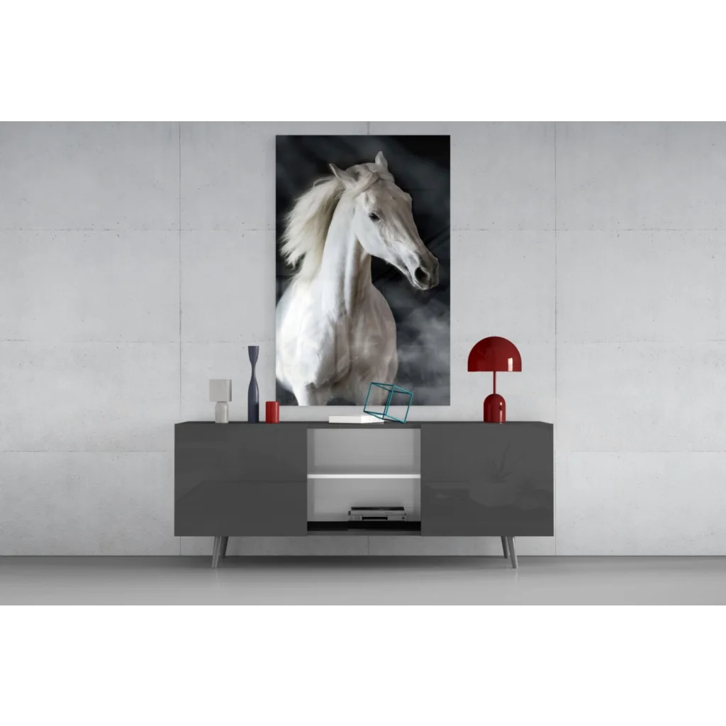 Stunning white horse glass wall art portrait in black and white