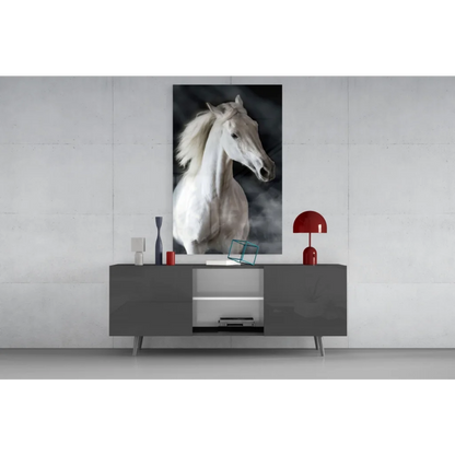 Stunning white horse glass wall art portrait in black and white