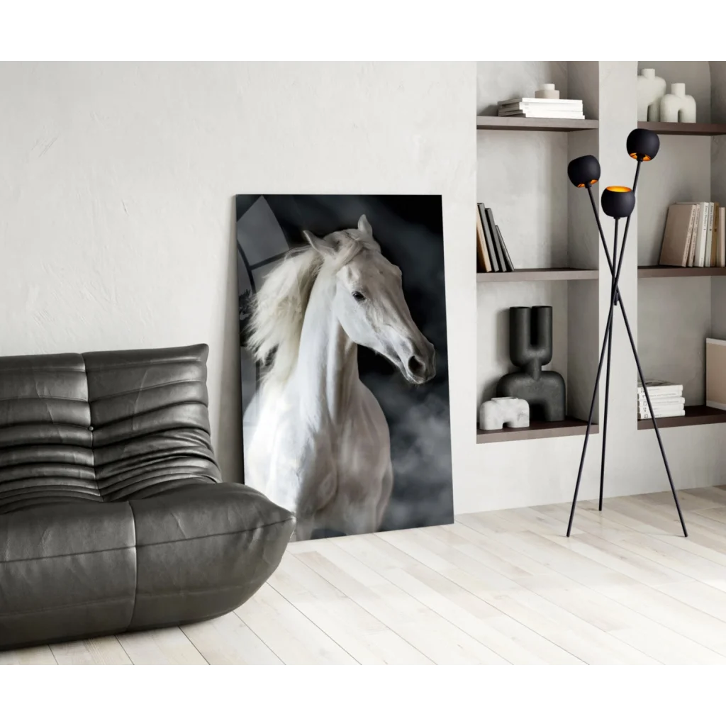Majestic white horse glass wall art portrait in black and white
