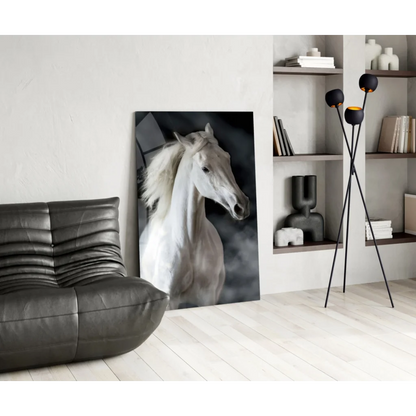 Majestic white horse glass wall art portrait in black and white