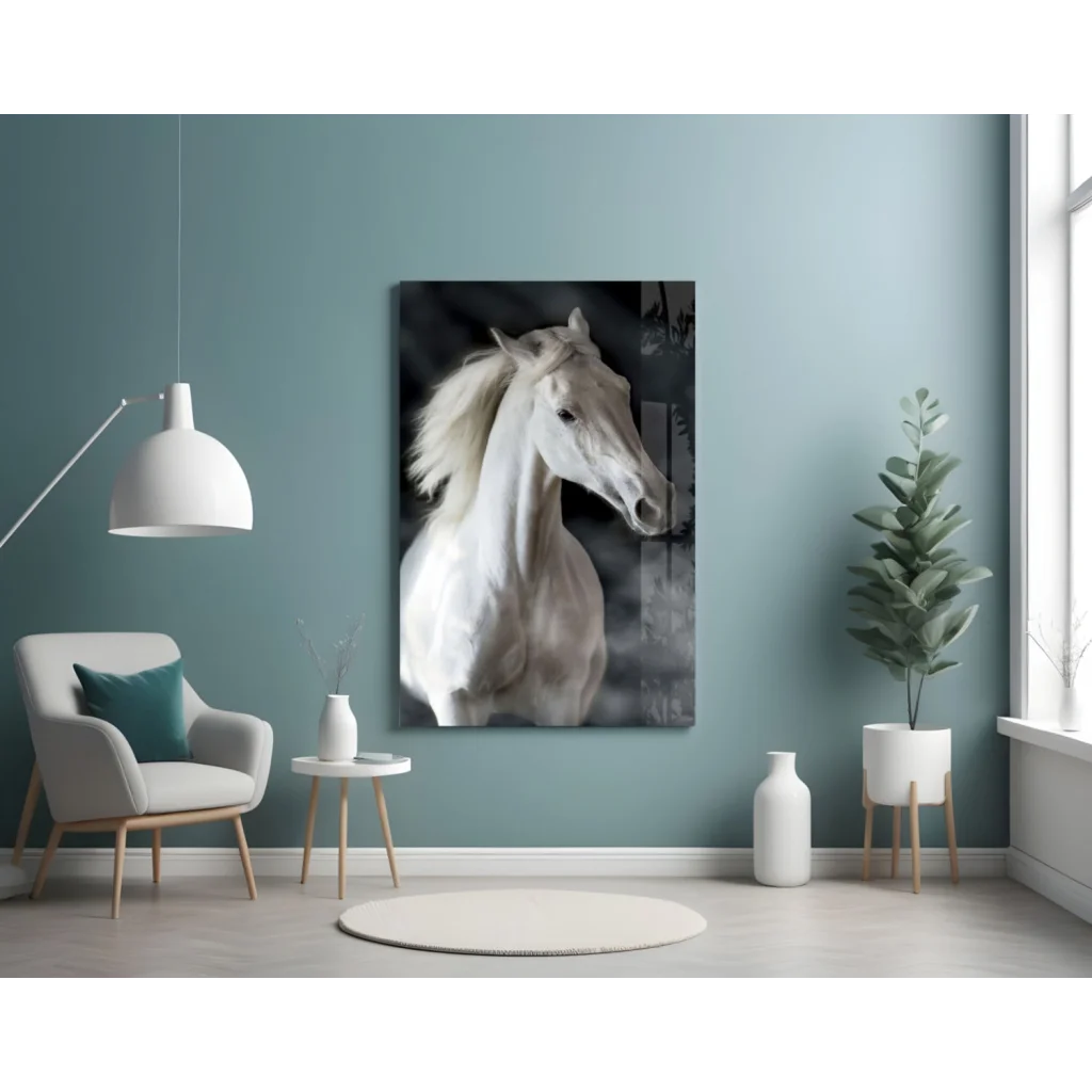Stunning white horse glass wall art portrait on black-and-white canvas