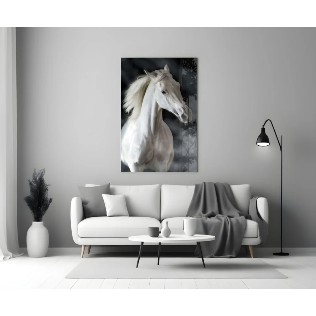 Stunning white horse glass wall art portrait in minimalist room