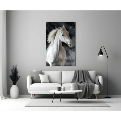 Stunning white horse glass wall art portrait in minimalist room