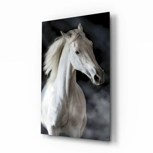 Sleek glossy white horse portrait glass wall art on dark gray background