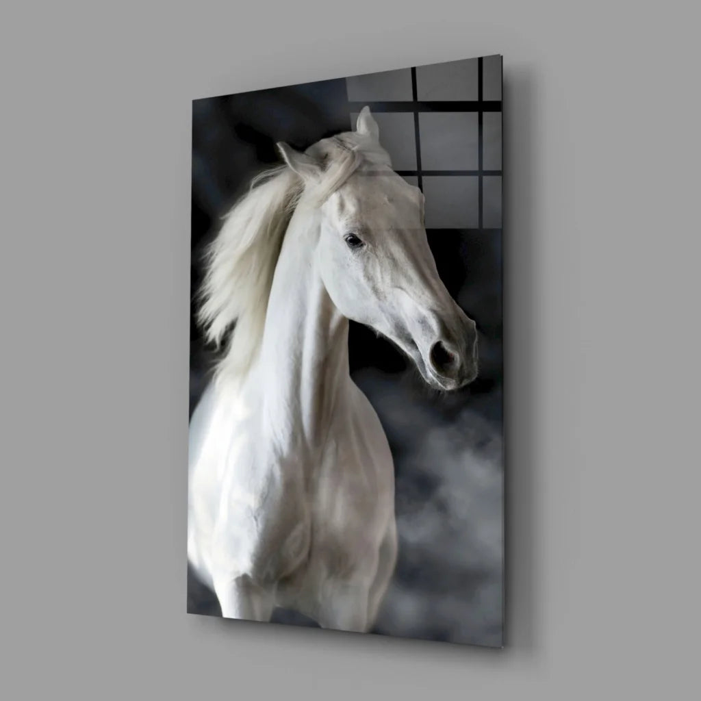 Sleek glossy white horse portrait in stunning glass wall art on gray wall
