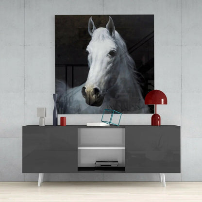 Modern gray sideboard with white legs and red lampshade glass wall art