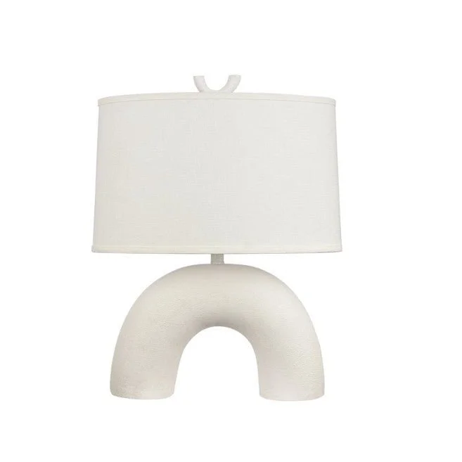 White light table lamp with arched base and drum shade for stylish lighting