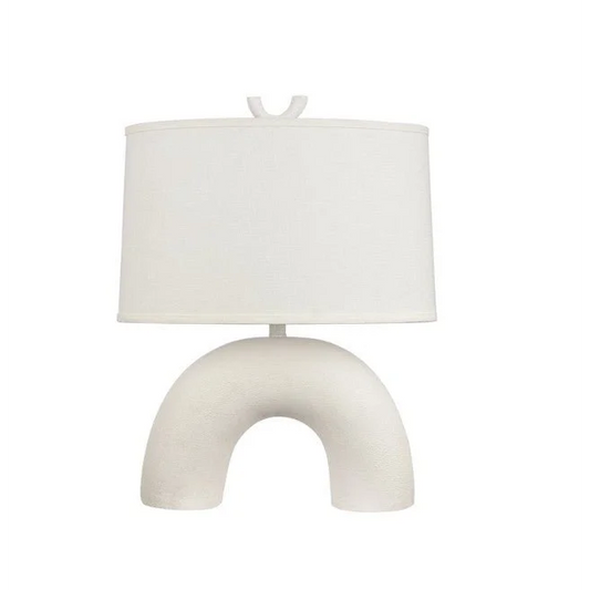 White light table lamp with arched base and drum shade for stylish lighting