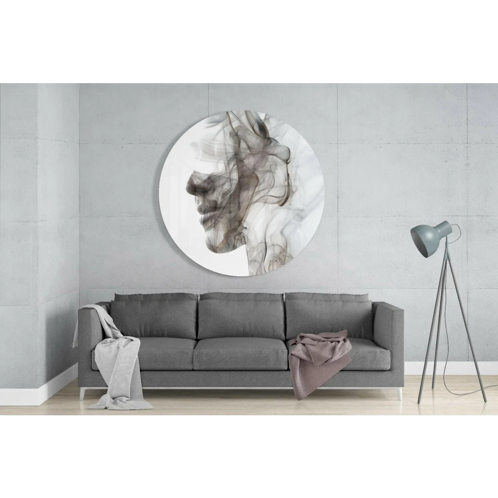 Circular black and white tempered glass art with size comparison
