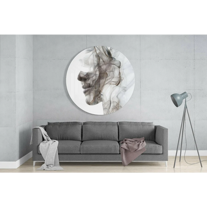 Circular black and white tempered glass art with size comparison