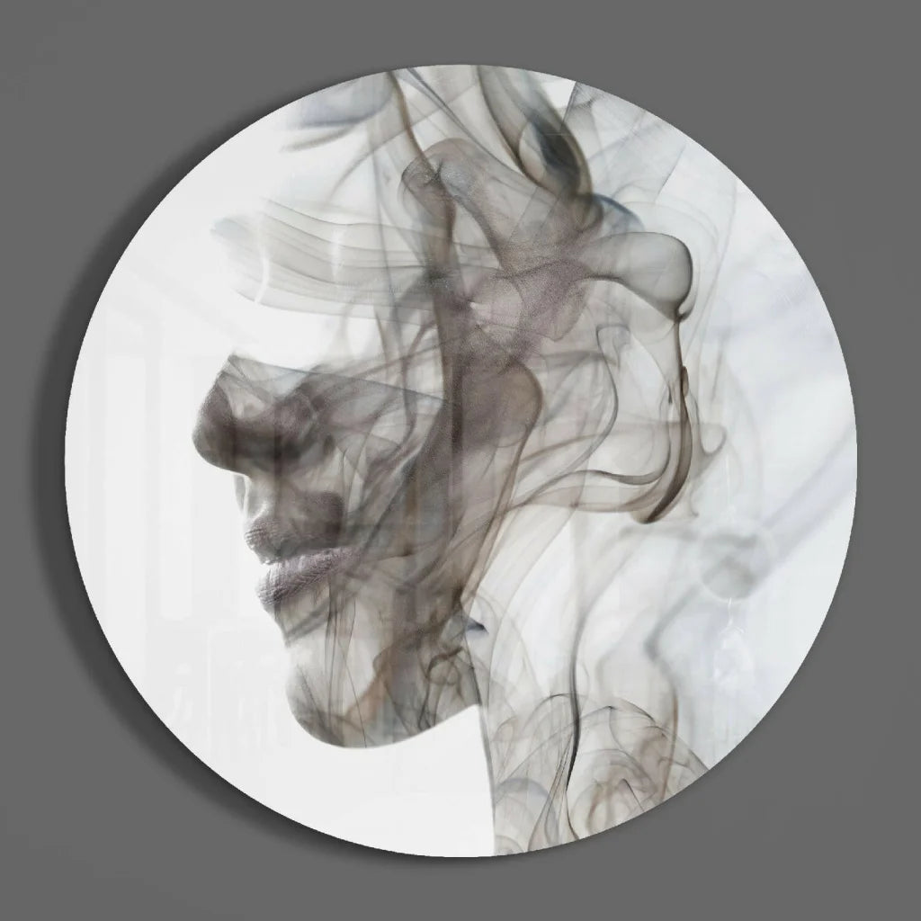 Stunning white smoke portrait plate on tempered glass art with size comparison