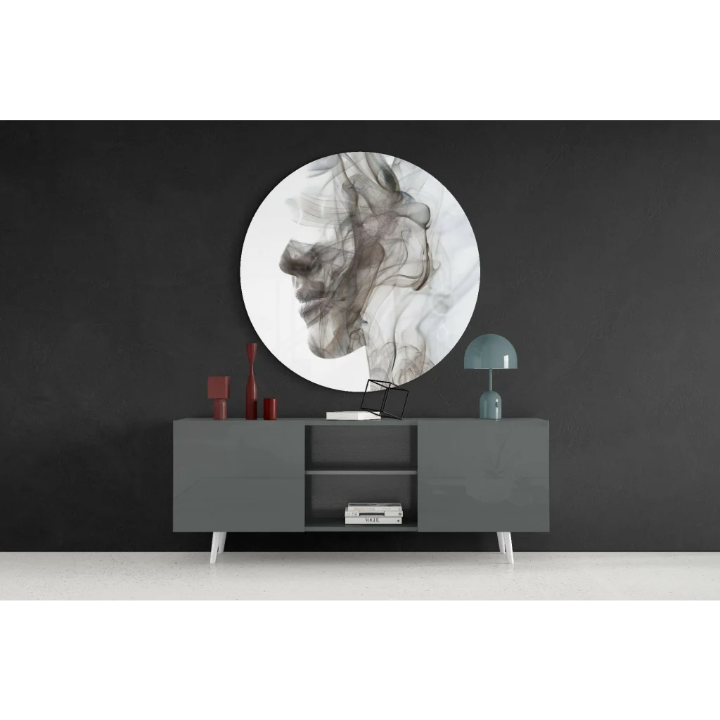Modern gray sideboard with white legs, open shelves, and tempered glass art size comparison