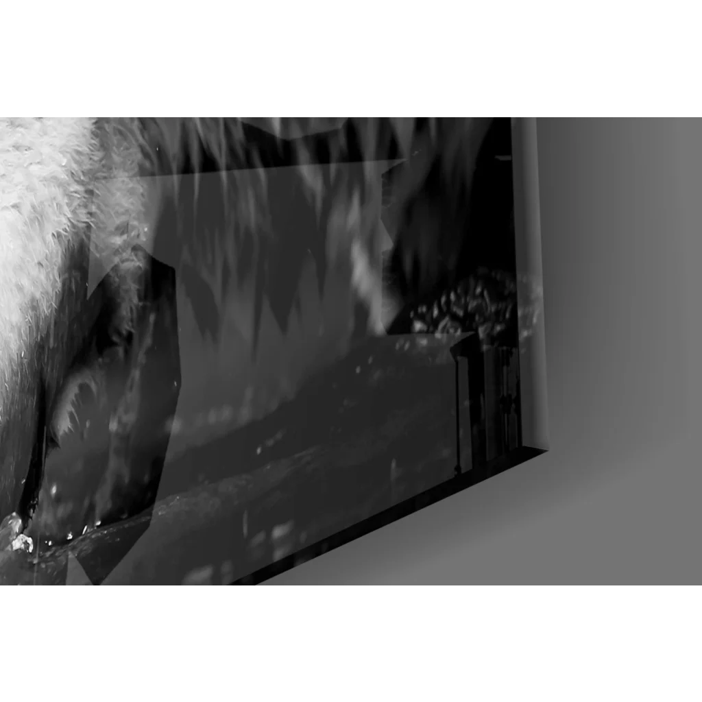 Black and white geometric tempered glass art of a stunning white tiger