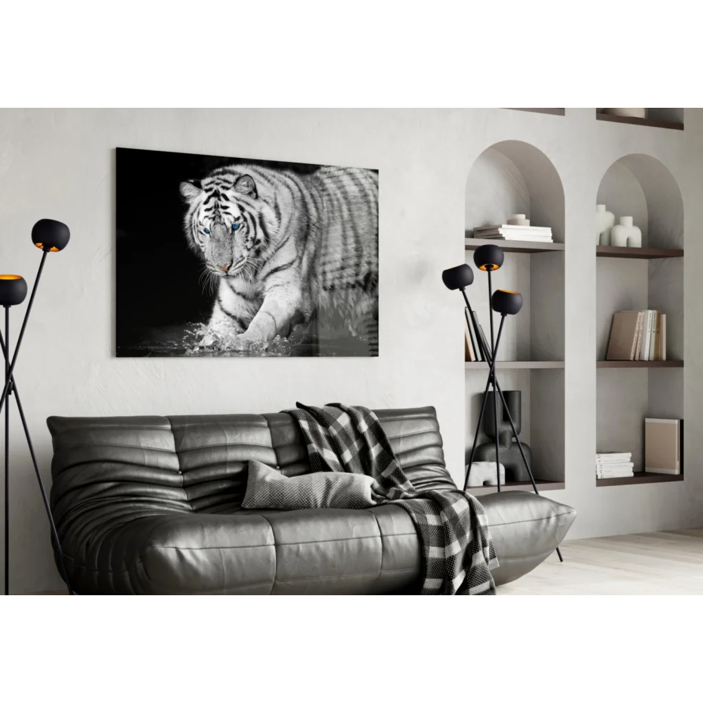 Stunning white tiger tempered glass art on wall
