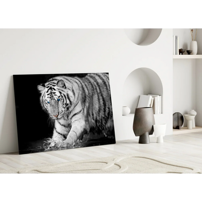 Stunning white tiger tempered glass art with water droplets
