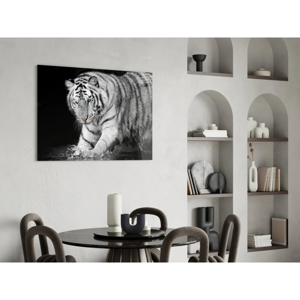 Stunning white tiger tempered glass art with water droplets