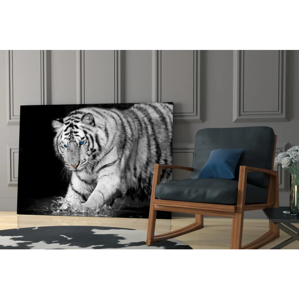 Stunning white tiger tempered glass art with black stripes, modern design