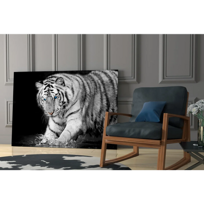Stunning white tiger tempered glass art with black stripes, modern design