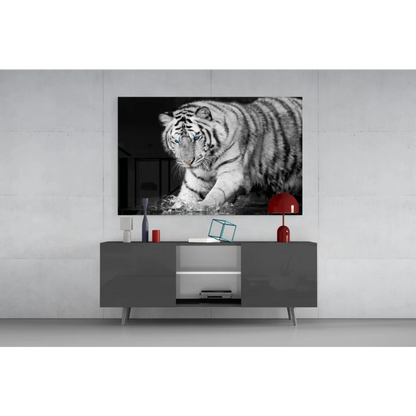 Modern dark gray sideboard with tempered glass art display