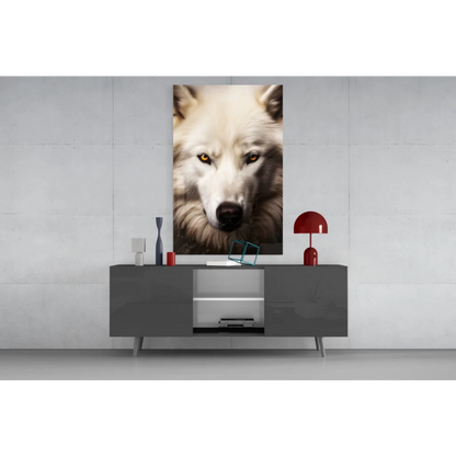 Stunning white wolf glass wall art with piercing amber eyes on gray table