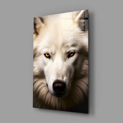 Stunning white wolf glass wall art with piercing amber eyes