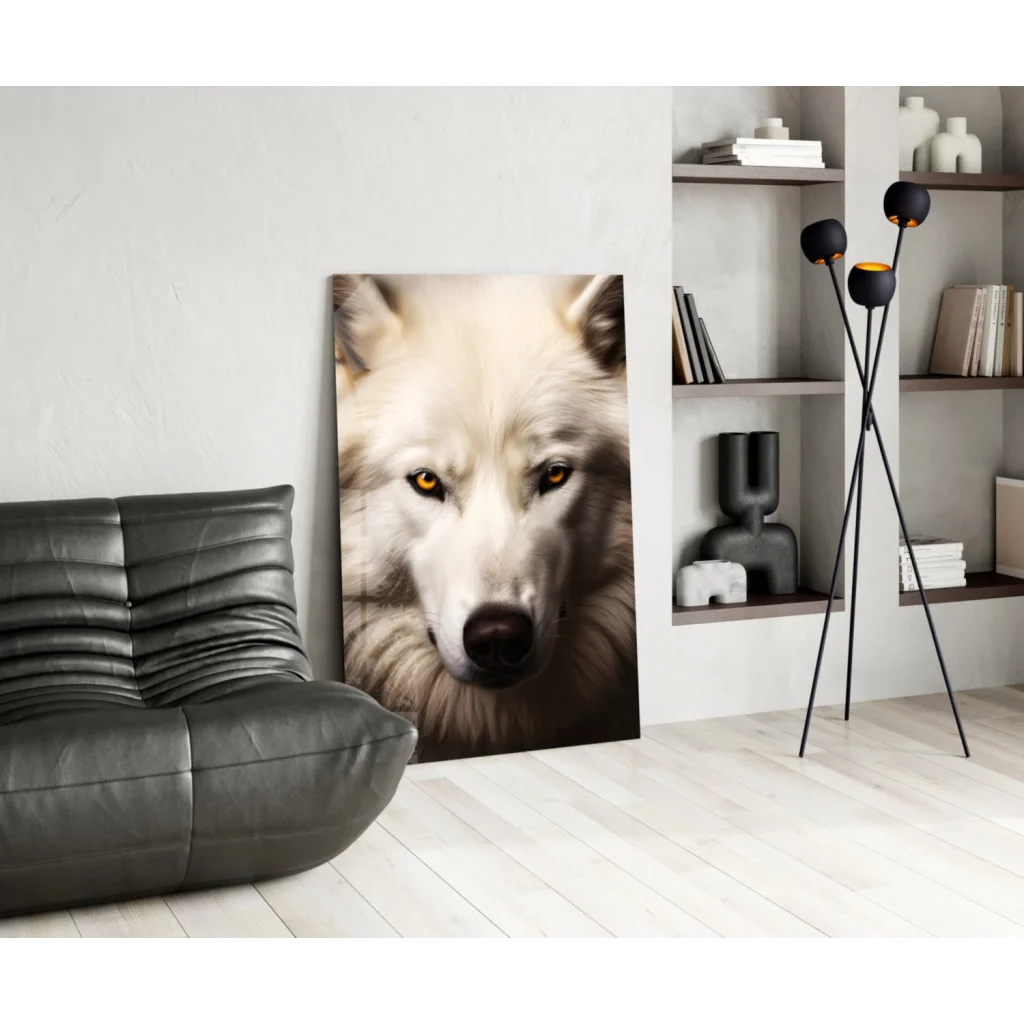 Stunning white wolf glass wall art with piercing amber eyes