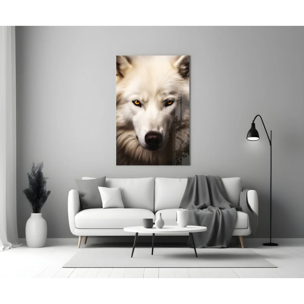 Stunning white wolf glass wall art with piercing amber eyes
