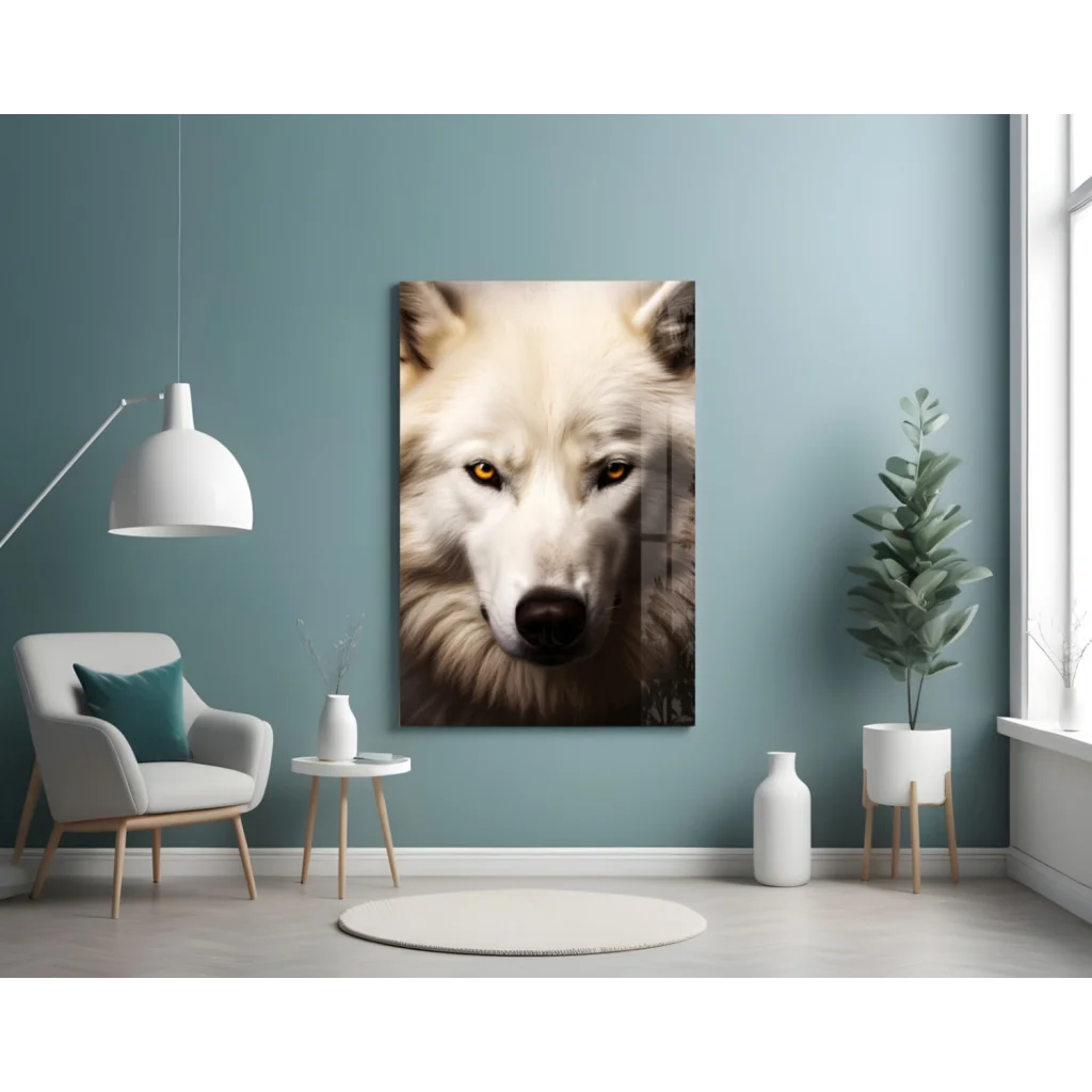 Stunning white wolf glass wall art with piercing amber eyes on teal wall
