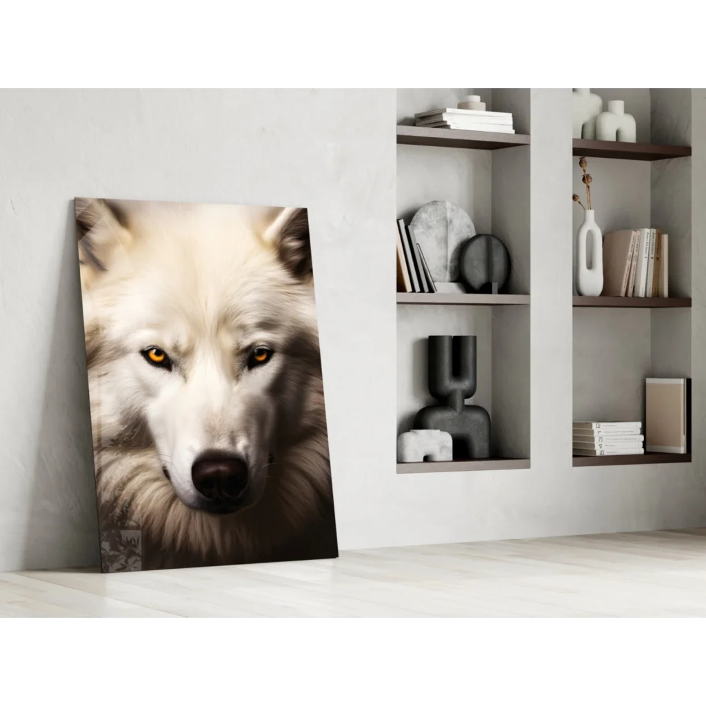 Stunning white wolf glass wall art with piercing amber eyes