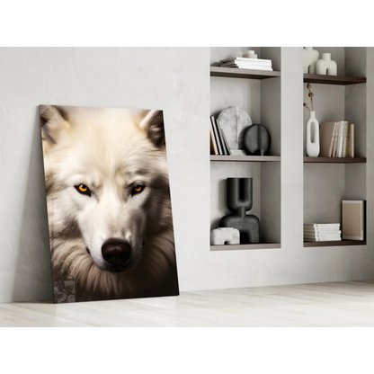 Stunning white wolf glass wall art with piercing amber eyes