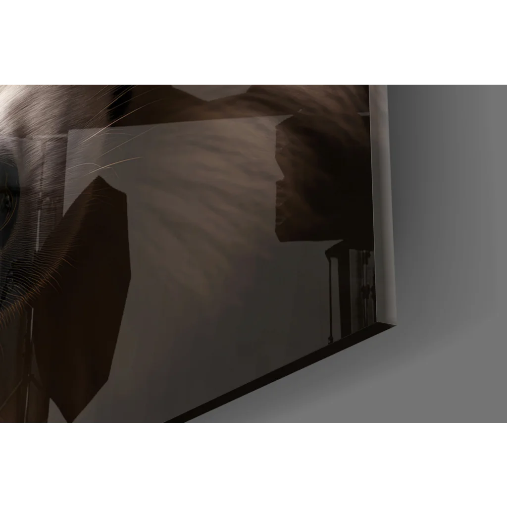 Stunning white wolf glass wall art with amber eyes and abstract geometric shapes