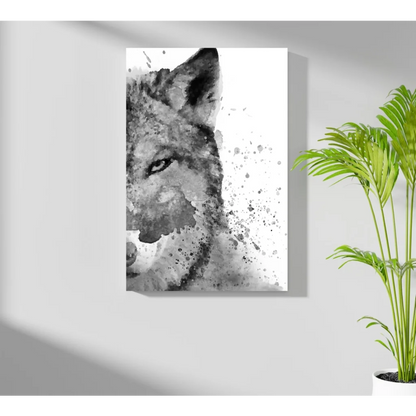 Stunning black and white wolf canvas art print with watercolor splash