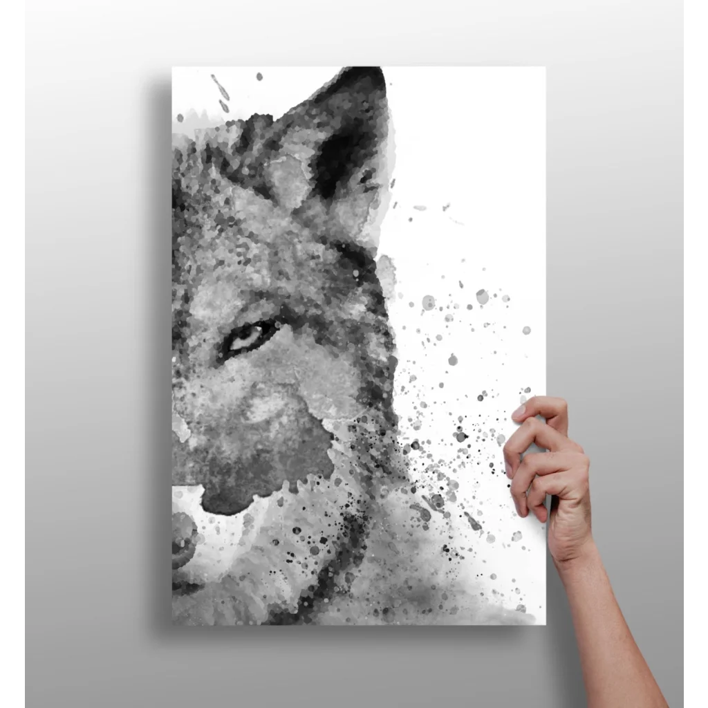 Stunning black and white wolf canvas print with watercolor splash art