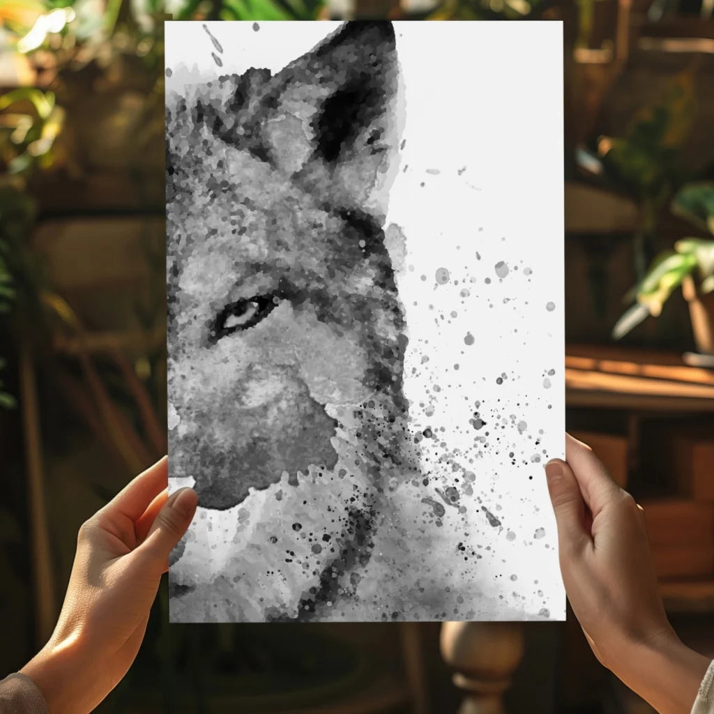 Stunning black and white wolf canvas with watercolor splash art print
