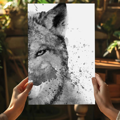 Stunning black and white wolf canvas with watercolor splash art print