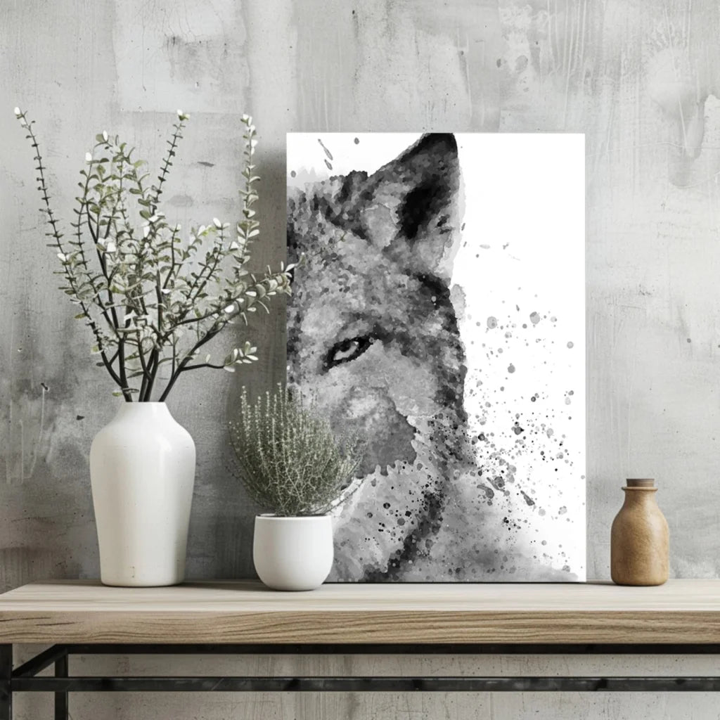 Stunning black and white wolf watercolor canvas art print on wood frame