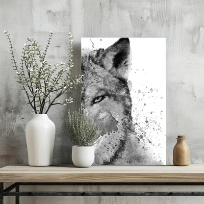 Stunning black and white wolf watercolor canvas art print on wood frame