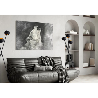 Black and white wolf howling canvas wall art on textured wall