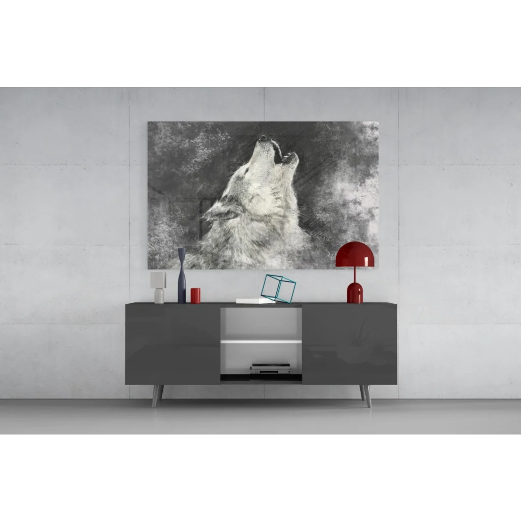 Modern dark gray sideboard with wolf howling wall art
