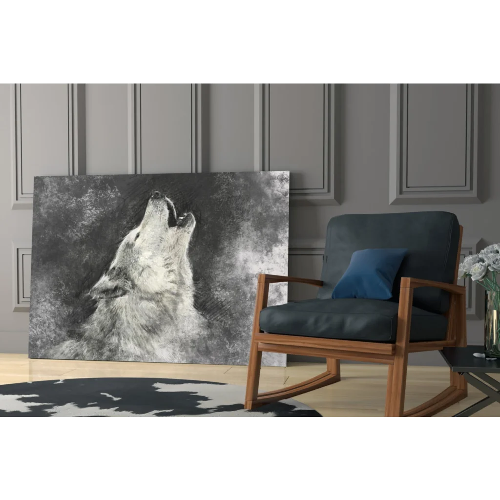 Black and white wolf howling canvas wall art print