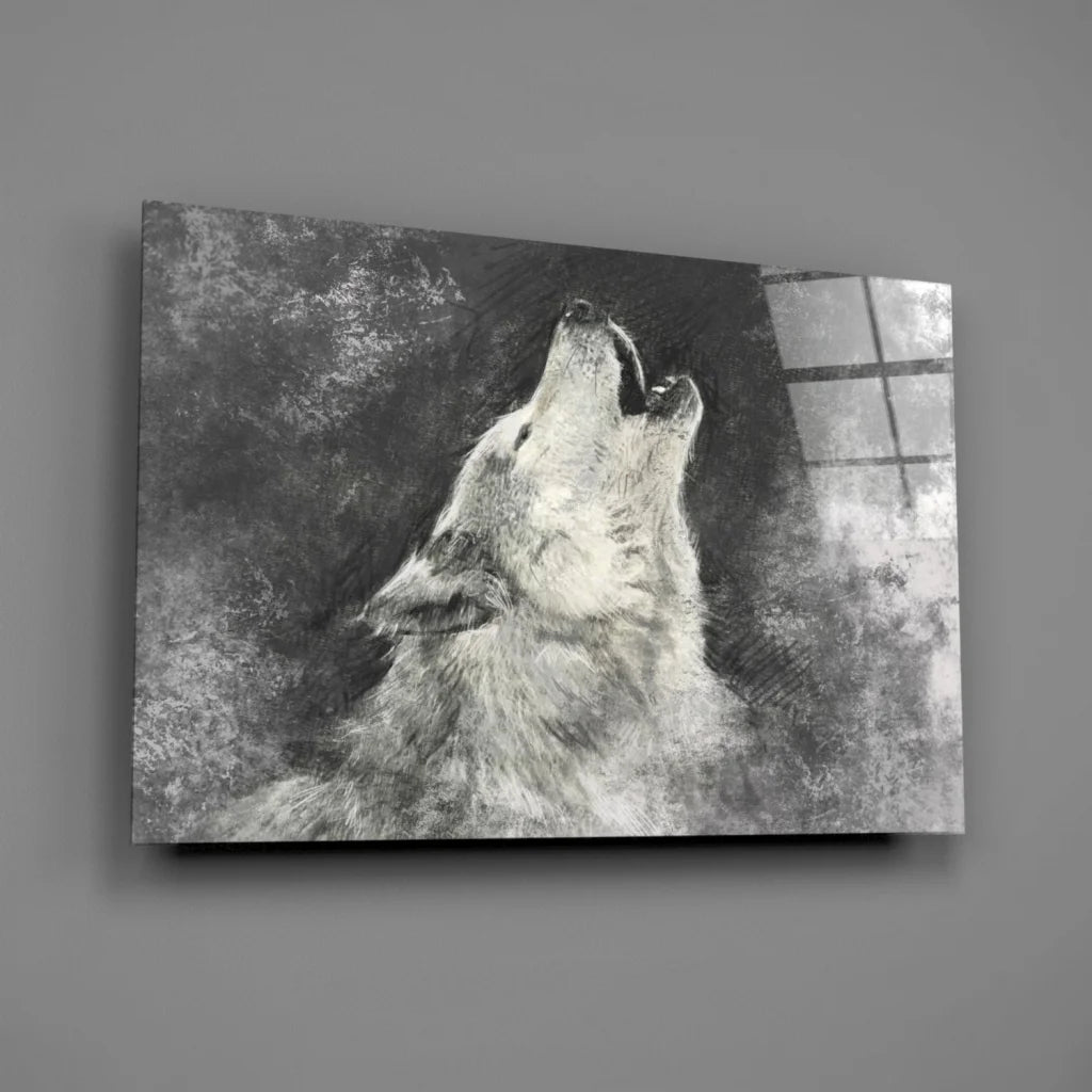 Charcoal wolf howling canvas wall art print in black and white