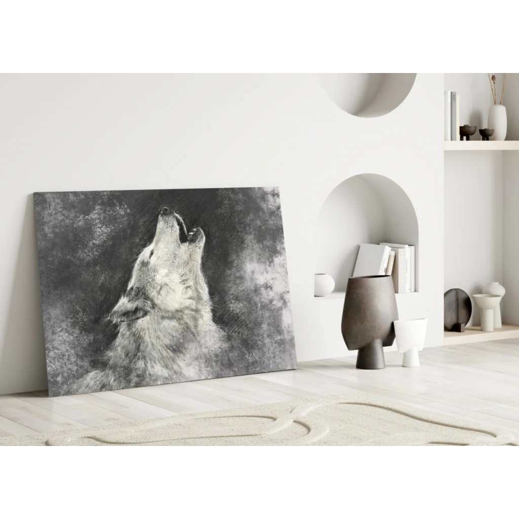 Stunning black and white wolf howling canvas wall art print